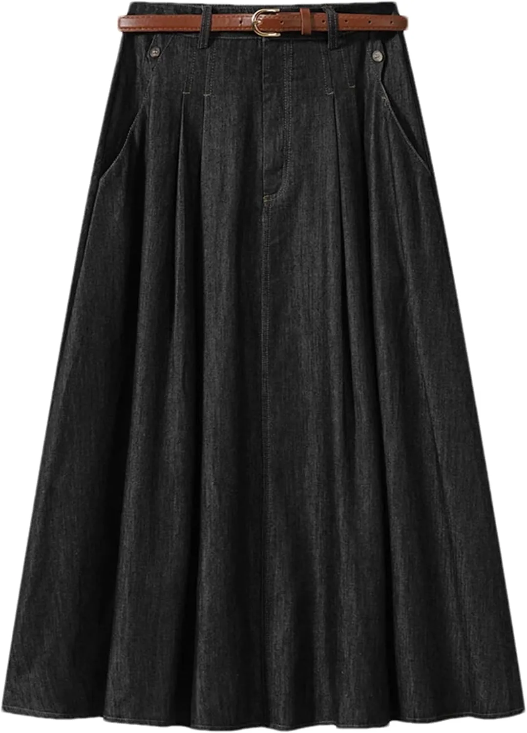 Women's Vintage Denim Midi Skirts High Waist A-Line Plain Pleated Thin Skirts Denim Skirt (with Belt)