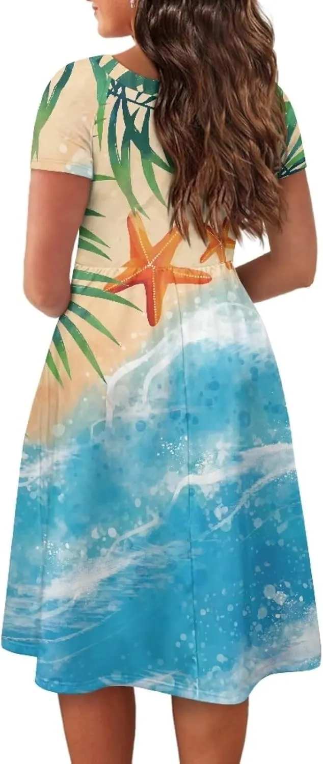 Women's Wide Collar Casual Dresses Scoop Neck Summer Sundress Short Sleeve A-Line Maxi Dress Plus Size