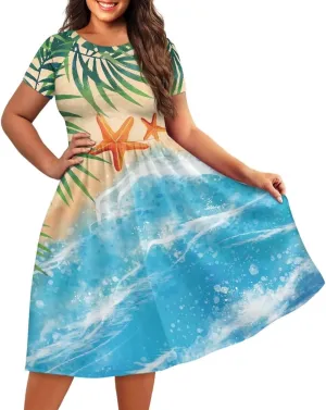 Women's Wide Collar Casual Dresses Scoop Neck Summer Sundress Short Sleeve A-Line Maxi Dress Plus Size