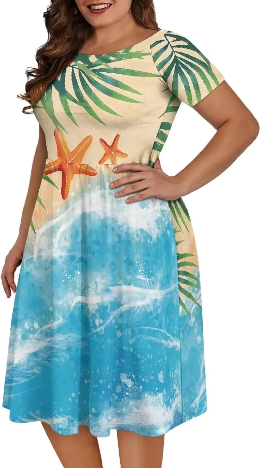 Women's Wide Collar Casual Dresses Scoop Neck Summer Sundress Short Sleeve A-Line Maxi Dress Plus Size