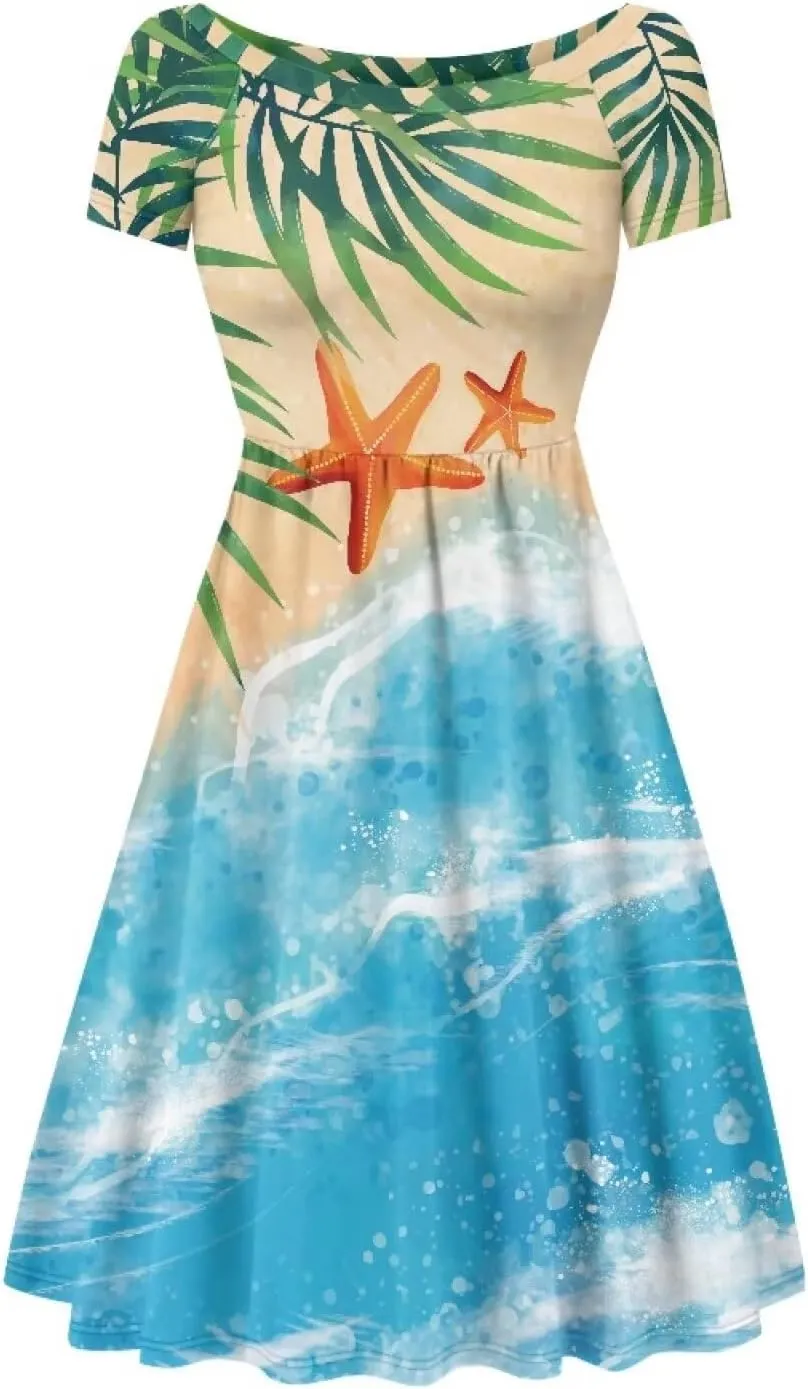 Women's Wide Collar Casual Dresses Scoop Neck Summer Sundress Short Sleeve A-Line Maxi Dress Plus Size