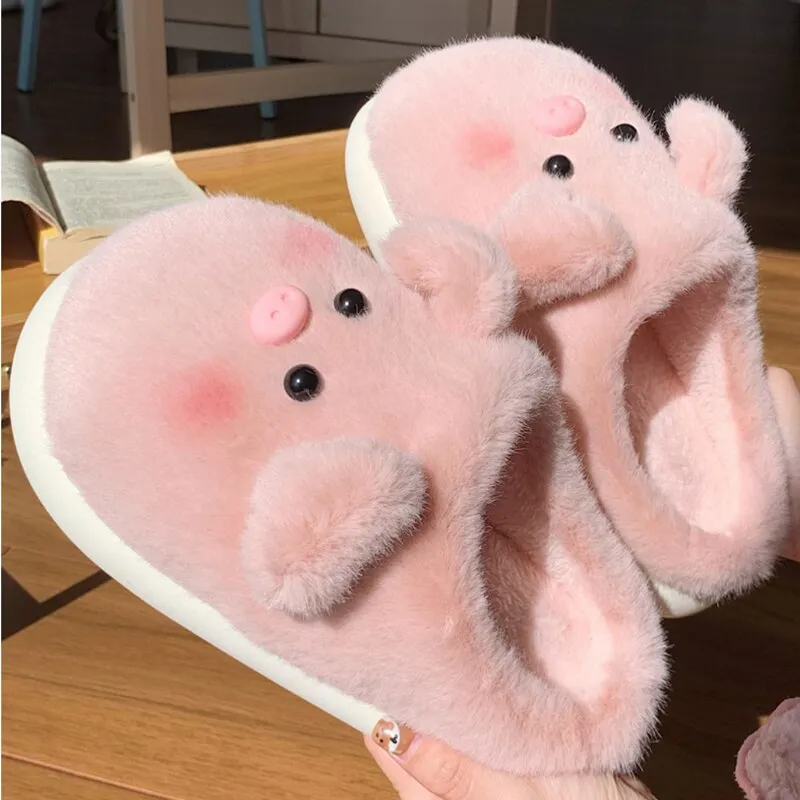 xiangtuibao Cute Pig Slippers Women Fluffy Furry Slippers Winter Plush Platform Slides Indoor Fuzzy Slippers Lovely Kawaii Shoes