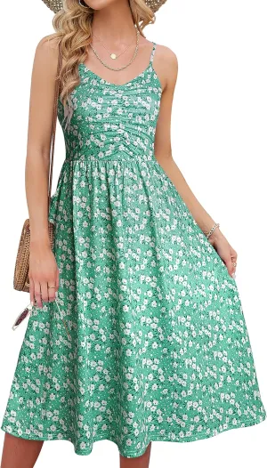 YATHON Summer Dresses for Women Casual Spaghetti Strap V Neck Floral Sundress Flowy Beach Midi Bohemian Dress with Pockets