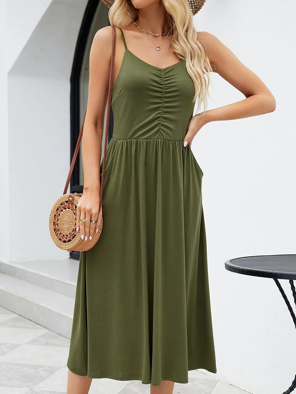 YATHON Summer Dresses for Women Casual Spaghetti Strap V Neck Floral Sundress Flowy Beach Midi Bohemian Dress with Pockets