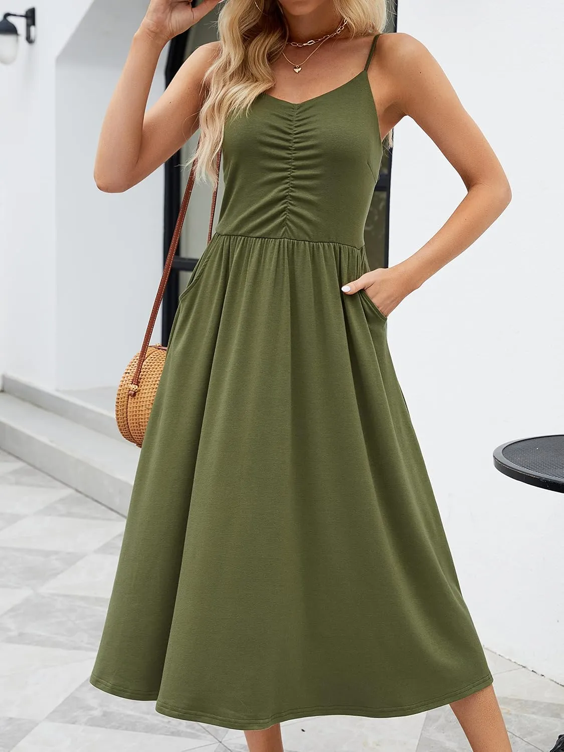 YATHON Summer Dresses for Women Casual Spaghetti Strap V Neck Floral Sundress Flowy Beach Midi Bohemian Dress with Pockets