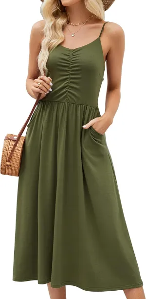 YATHON Summer Dresses for Women Casual Spaghetti Strap V Neck Floral Sundress Flowy Beach Midi Bohemian Dress with Pockets