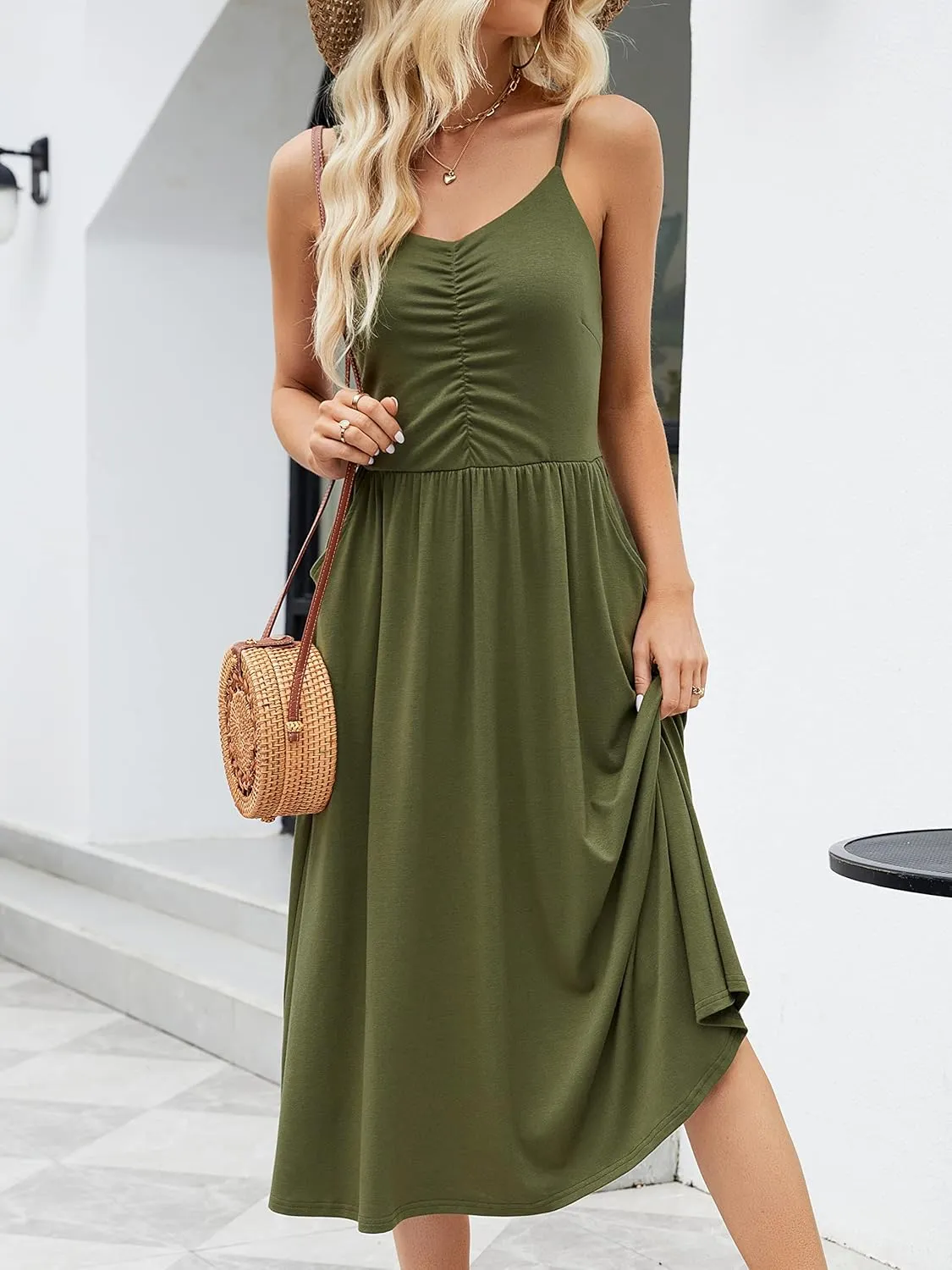 YATHON Summer Dresses for Women Casual Spaghetti Strap V Neck Floral Sundress Flowy Beach Midi Bohemian Dress with Pockets