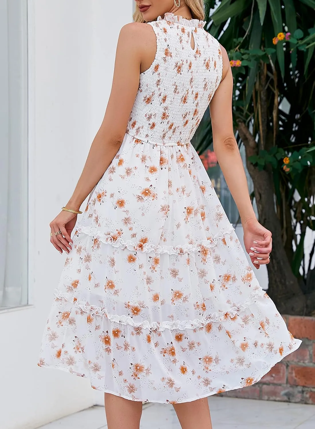 YATHON Women's Summer Casual Floral Sundress Halter Neck A-Line Elastic Waist Tiered Ruffle Cocktail Party Midi Swing Dresses