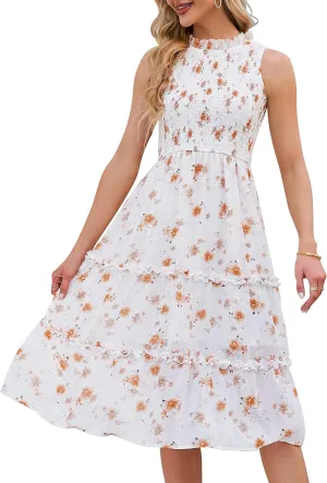 YATHON Women's Summer Casual Floral Sundress Halter Neck A-Line Elastic Waist Tiered Ruffle Cocktail Party Midi Swing Dresses
