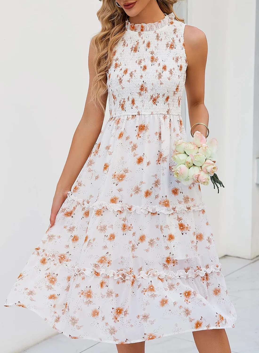 YATHON Women's Summer Casual Floral Sundress Halter Neck A-Line Elastic Waist Tiered Ruffle Cocktail Party Midi Swing Dresses