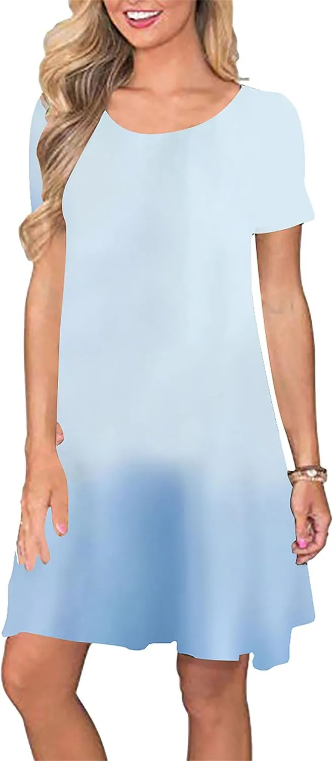 YMING Womens Plus Size Gradient Short Sleeve Dress Loose Fit Swing Sundress Summer Mini Shirt Dresses with Pockets