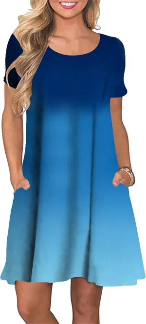 YMING Womens Plus Size Gradient Short Sleeve Dress Loose Fit Swing Sundress Summer Mini Shirt Dresses with Pockets