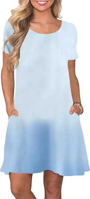 YMING Womens Plus Size Gradient Short Sleeve Dress Loose Fit Swing Sundress Summer Mini Shirt Dresses with Pockets