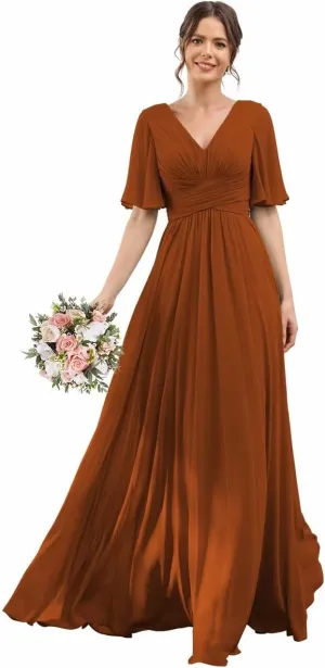 YOFF V-Neck Flutter Sleeve Bridesmaid Dress with Pockets A-Line Long Chiffon Formal Party Dresses with Slit YO003