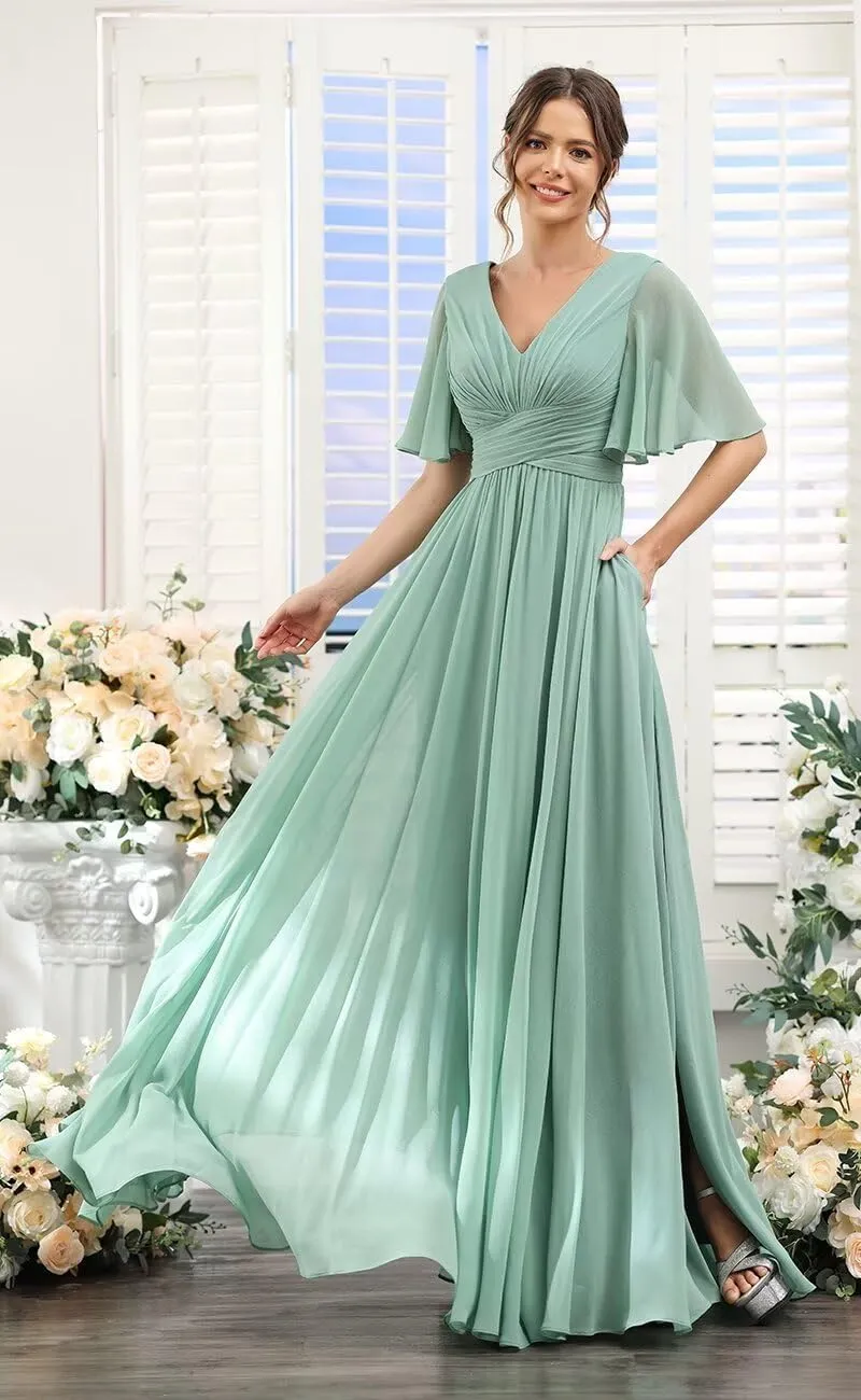 YOFF V-Neck Flutter Sleeve Bridesmaid Dress with Pockets A-Line Long Chiffon Formal Party Dresses with Slit YO003