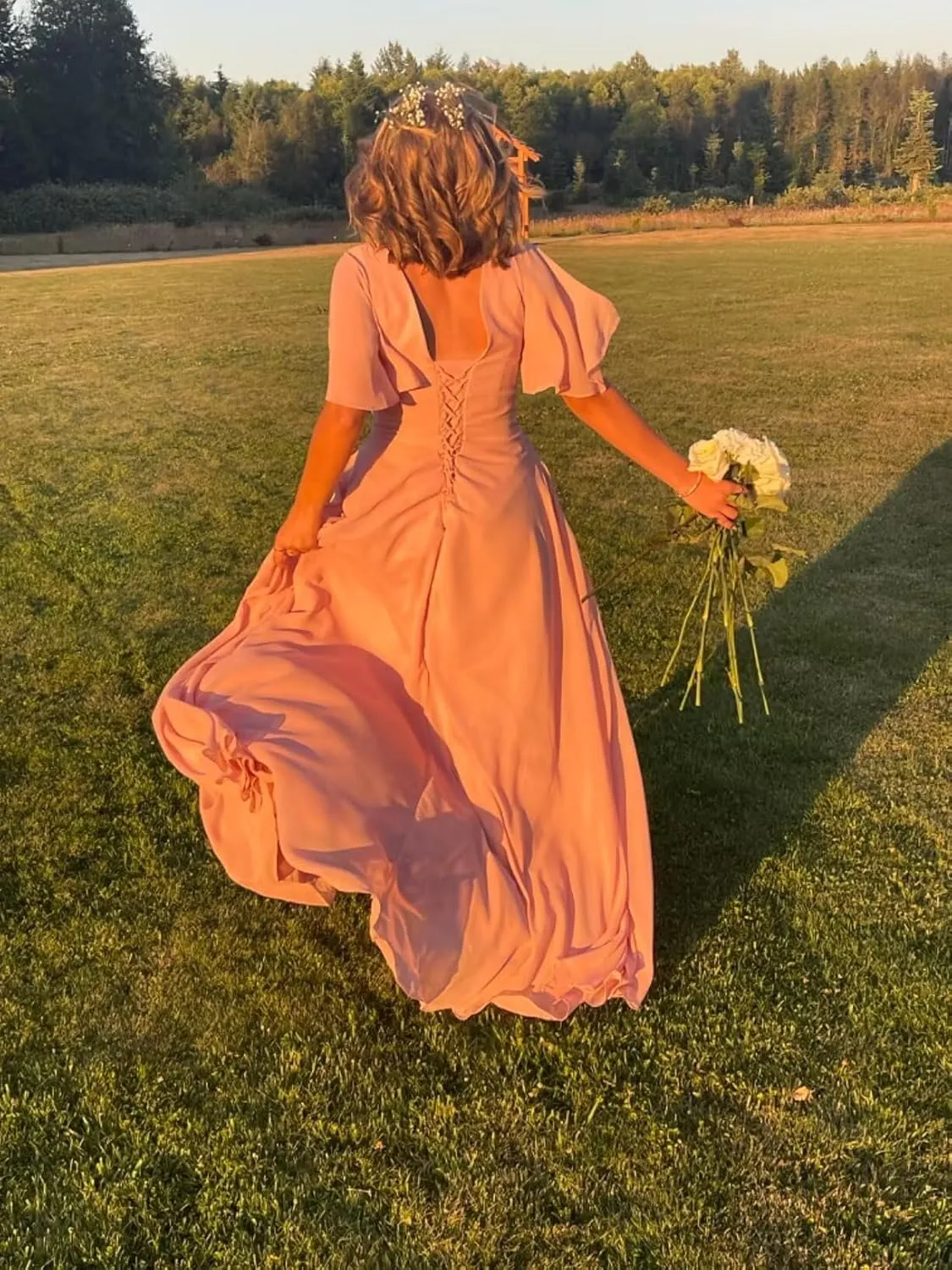 YOFF V-Neck Flutter Sleeve Bridesmaid Dress with Pockets A-Line Long Chiffon Formal Party Dresses with Slit YO003