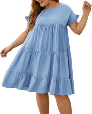 YOXUA Womens Plus Size Dress - Ruffle Short Sleeve Crewneck Color Block Loose Summer Beach Swing Dresses XL-4XL