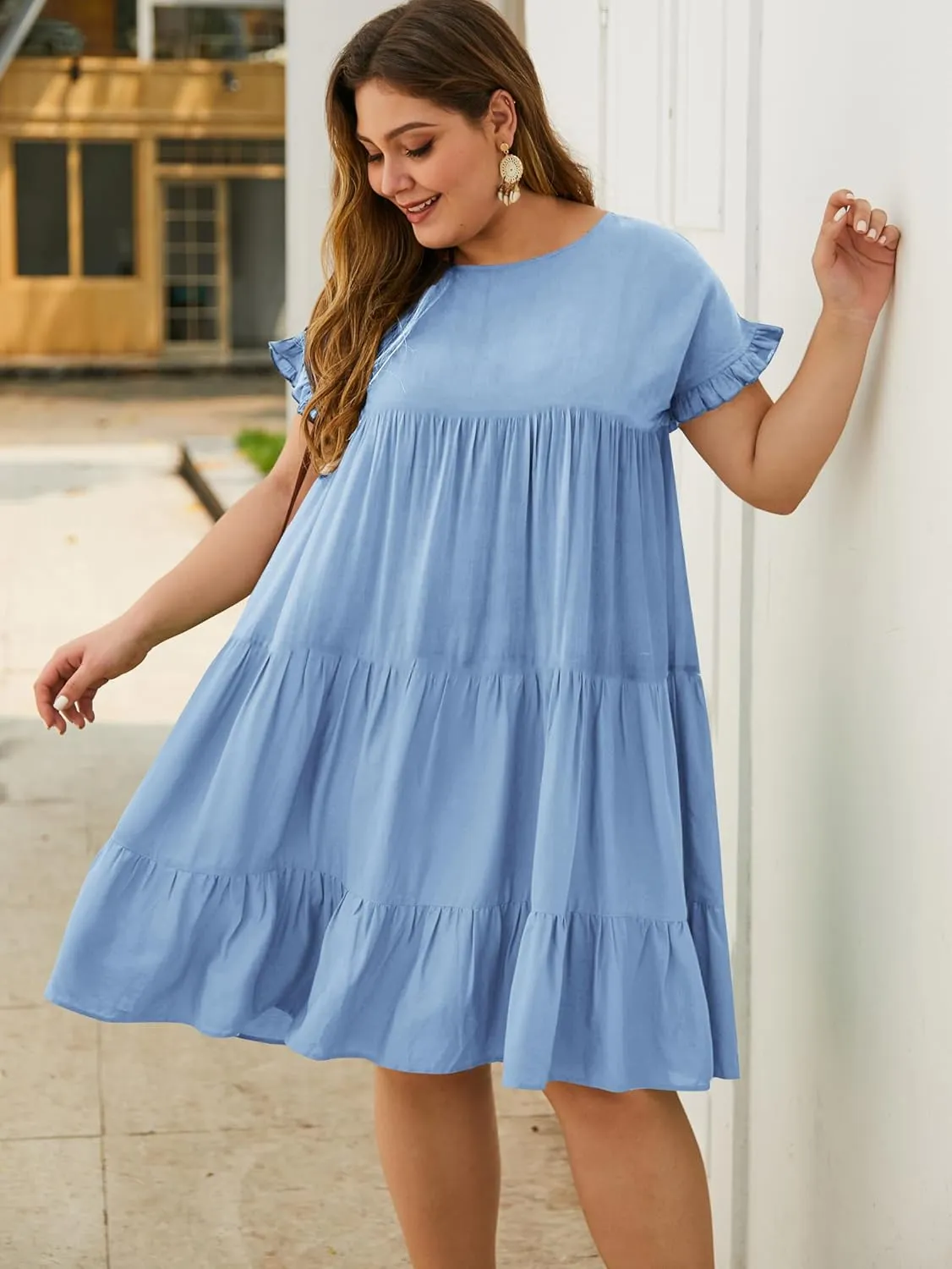 YOXUA Womens Plus Size Dress - Ruffle Short Sleeve Crewneck Color Block Loose Summer Beach Swing Dresses XL-4XL