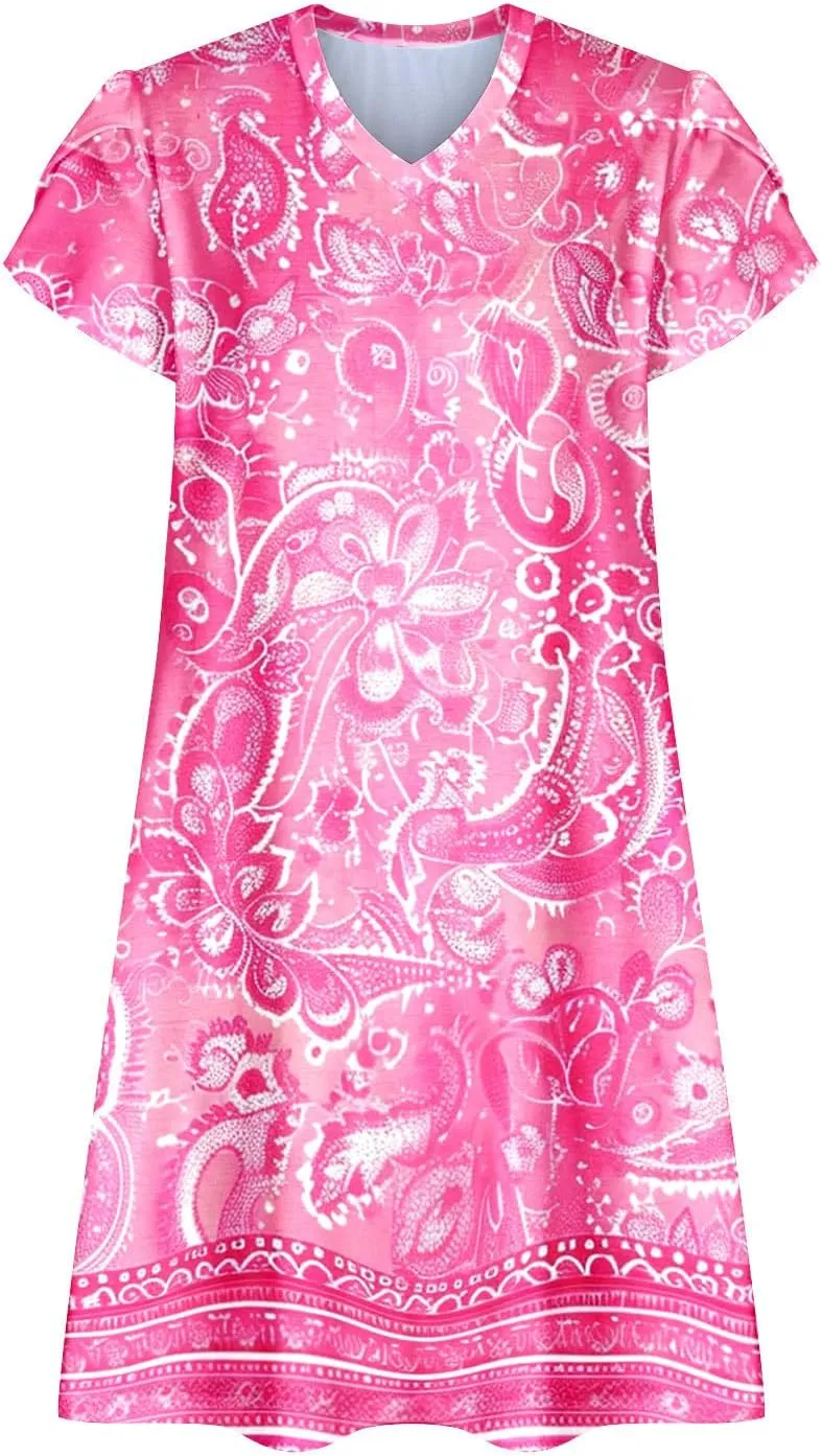 YRAETENM Summer Dresses for Women 2025 Casual Mini Short Sleeve A-Line Dress Flowy Swing Vocation Beach Sundress with Pockets