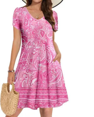 YRAETENM Summer Dresses for Women 2025 Casual Mini Short Sleeve A-Line Dress Flowy Swing Vocation Beach Sundress with Pockets