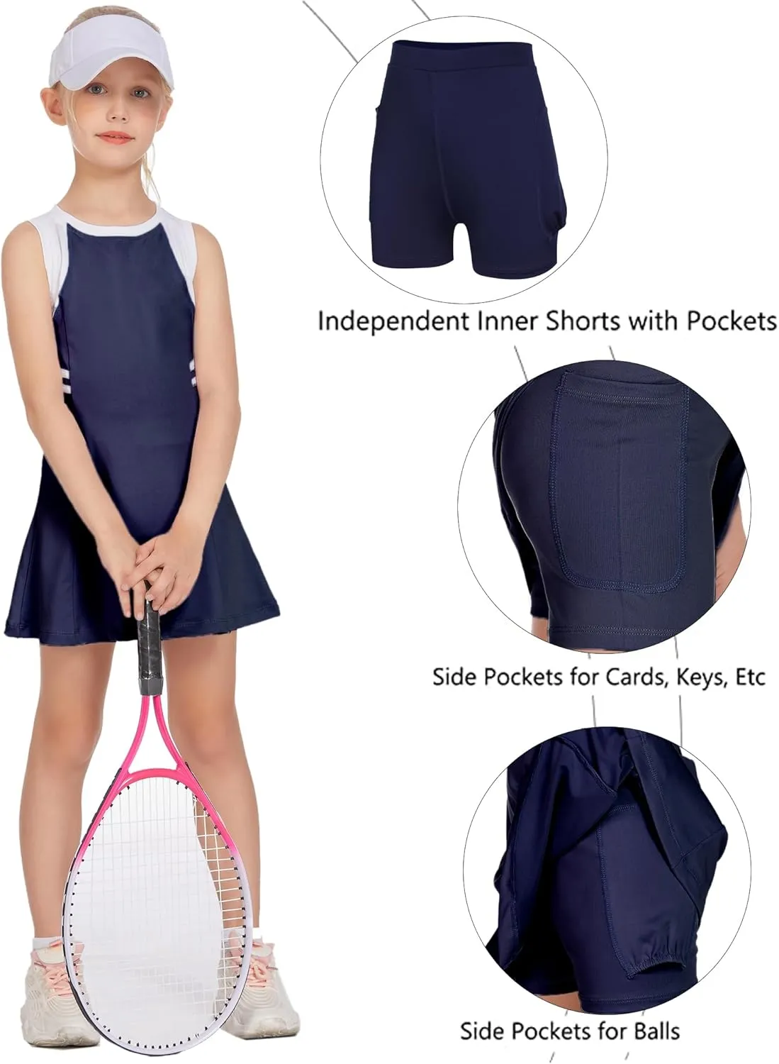 Zaclotre Girls Tennis Dress Cute Golf Outfit Sleeveless Workout Athletic Dresses with Shorts Pockets