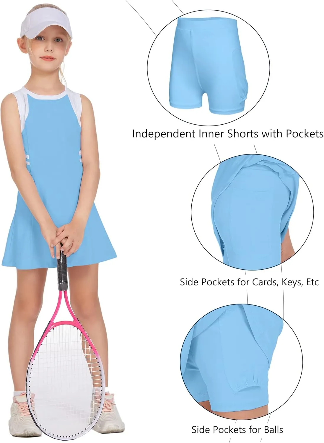 Zaclotre Girls Tennis Dress Cute Golf Outfit Sleeveless Workout Athletic Dresses with Shorts Pockets