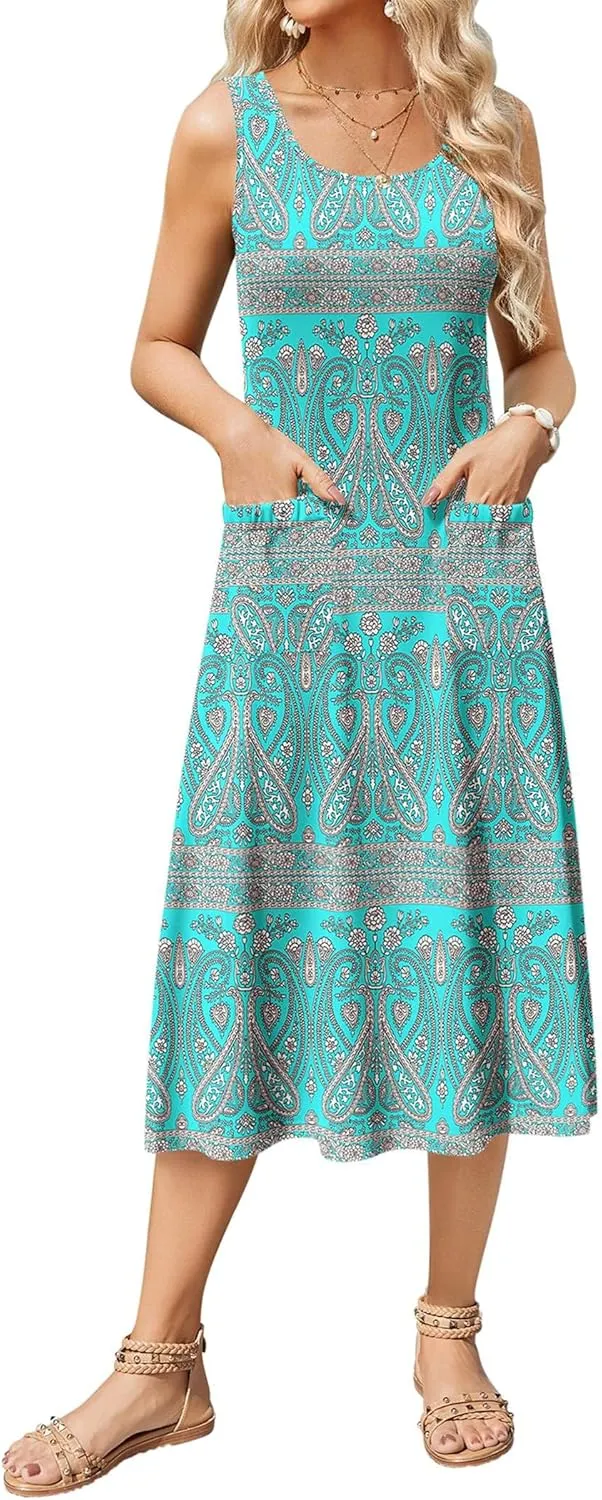 Zeagoo Women's Summer Sleeveless Dress Floral Beach Sundress Casual Crewneck High Waist A-Line Midi Tank Dresses with Pockets