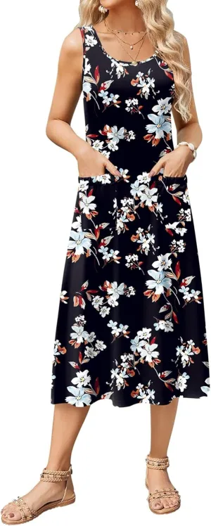 Zeagoo Women's Summer Sleeveless Dress Floral Beach Sundress Casual Crewneck High Waist A-Line Midi Tank Dresses with Pockets