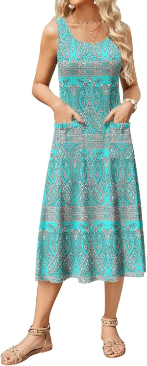 Zeagoo Women's Summer Sleeveless Dress Floral Beach Sundress Casual Crewneck High Waist A-Line Midi Tank Dresses with Pockets