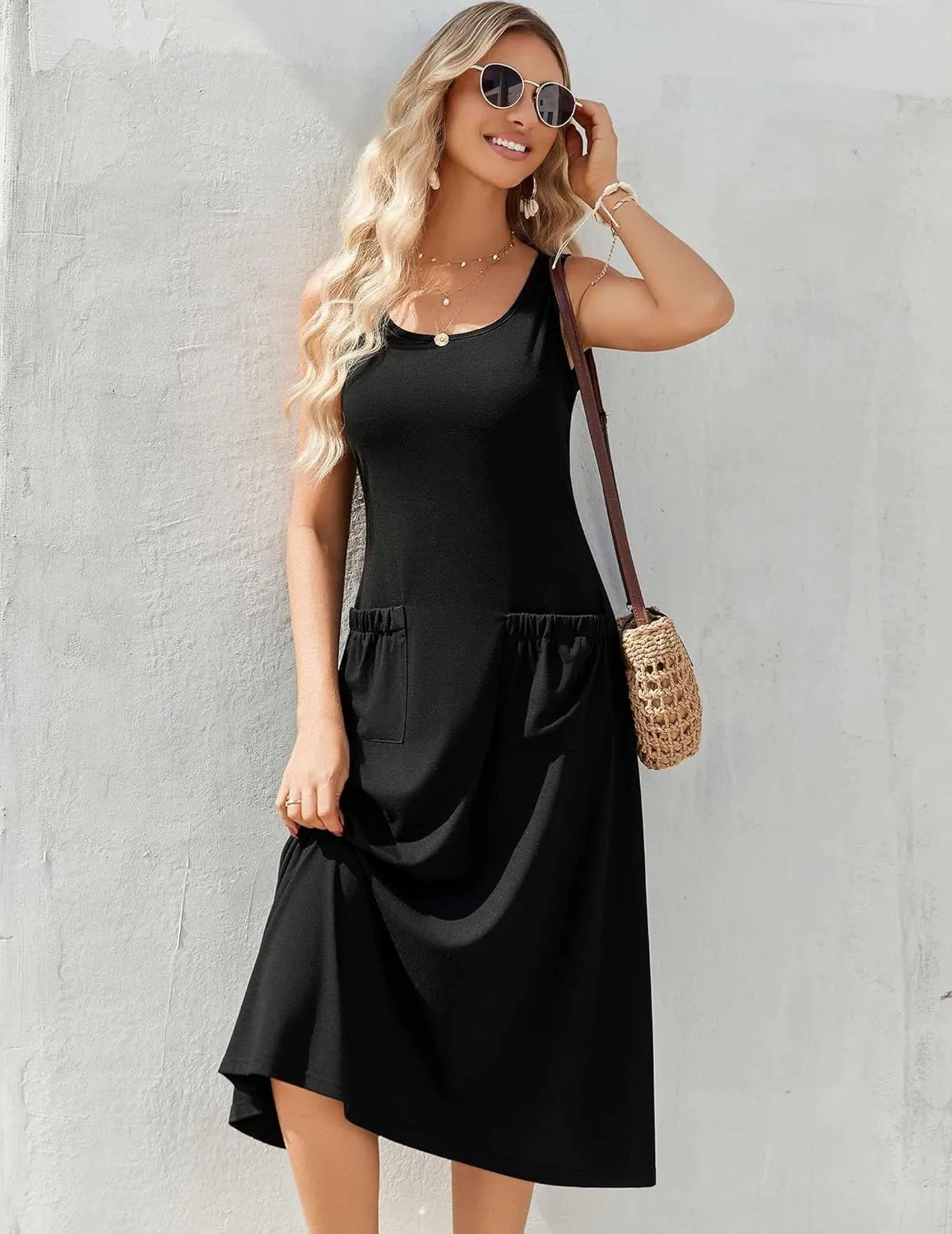 Zeagoo Women's Summer Sleeveless Dress Floral Beach Sundress Casual Crewneck High Waist A-Line Midi Tank Dresses with Pockets
