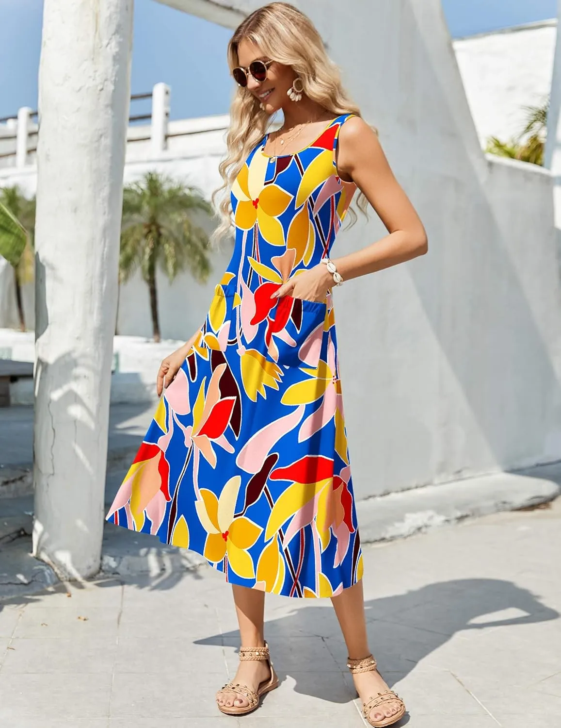 Zeagoo Women's Summer Sleeveless Dress Floral Beach Sundress Casual Crewneck High Waist A-Line Midi Tank Dresses with Pockets