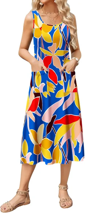 Zeagoo Women's Summer Sleeveless Dress Floral Beach Sundress Casual Crewneck High Waist A-Line Midi Tank Dresses with Pockets