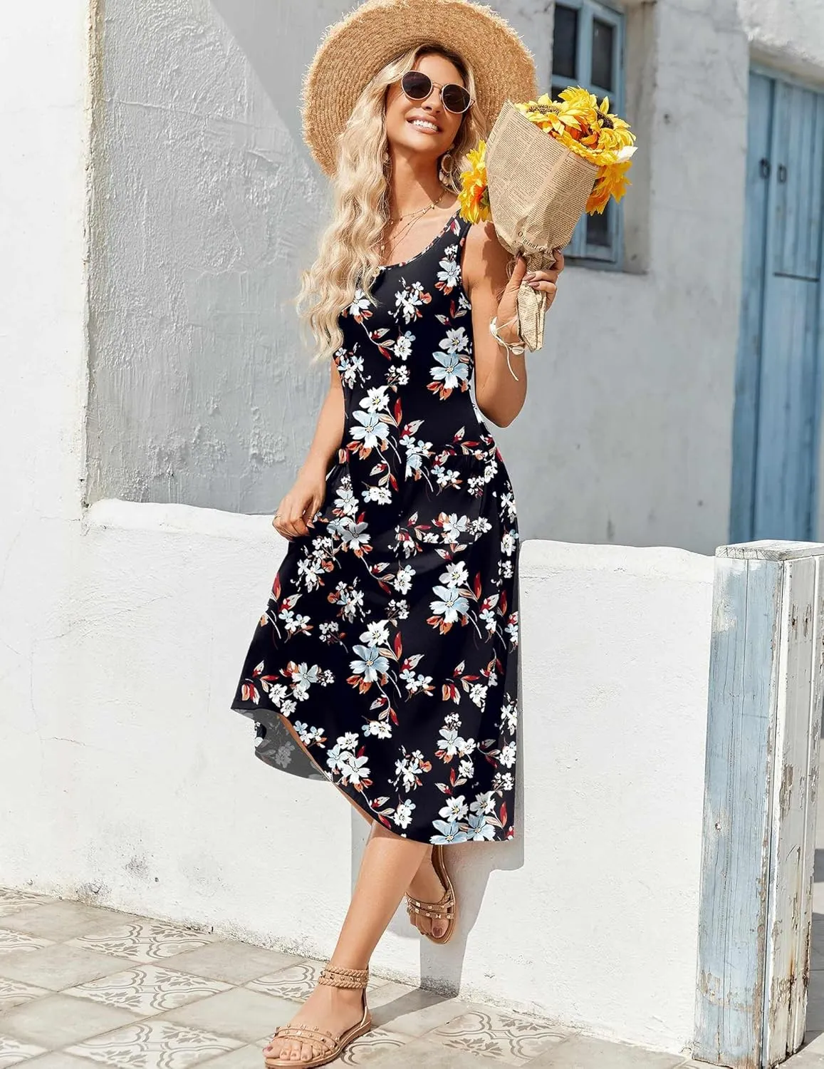 Zeagoo Women's Summer Sleeveless Dress Floral Beach Sundress Casual Crewneck High Waist A-Line Midi Tank Dresses with Pockets