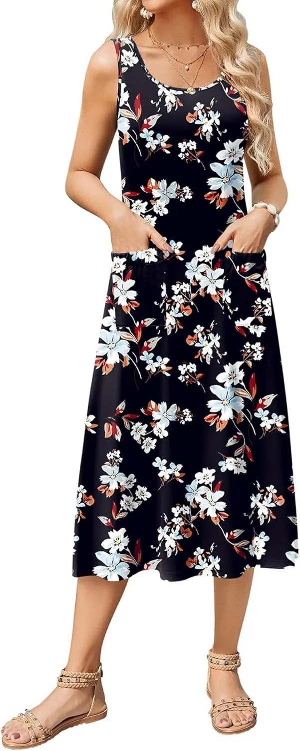 Zeagoo Women's Summer Sleeveless Dress Floral Beach Sundress Casual Crewneck High Waist A-Line Midi Tank Dresses with Pockets