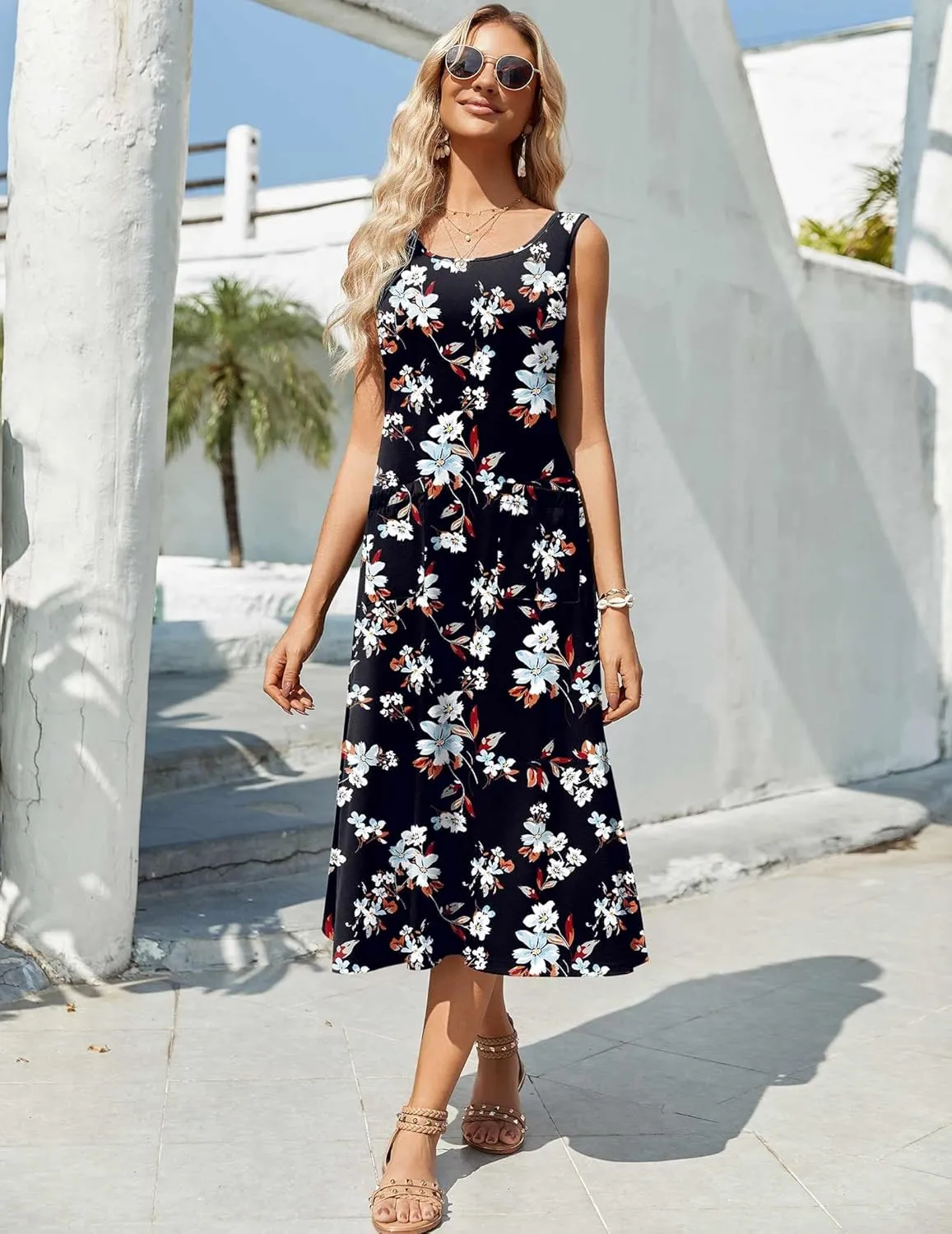 Zeagoo Women's Summer Sleeveless Dress Floral Beach Sundress Casual Crewneck High Waist A-Line Midi Tank Dresses with Pockets
