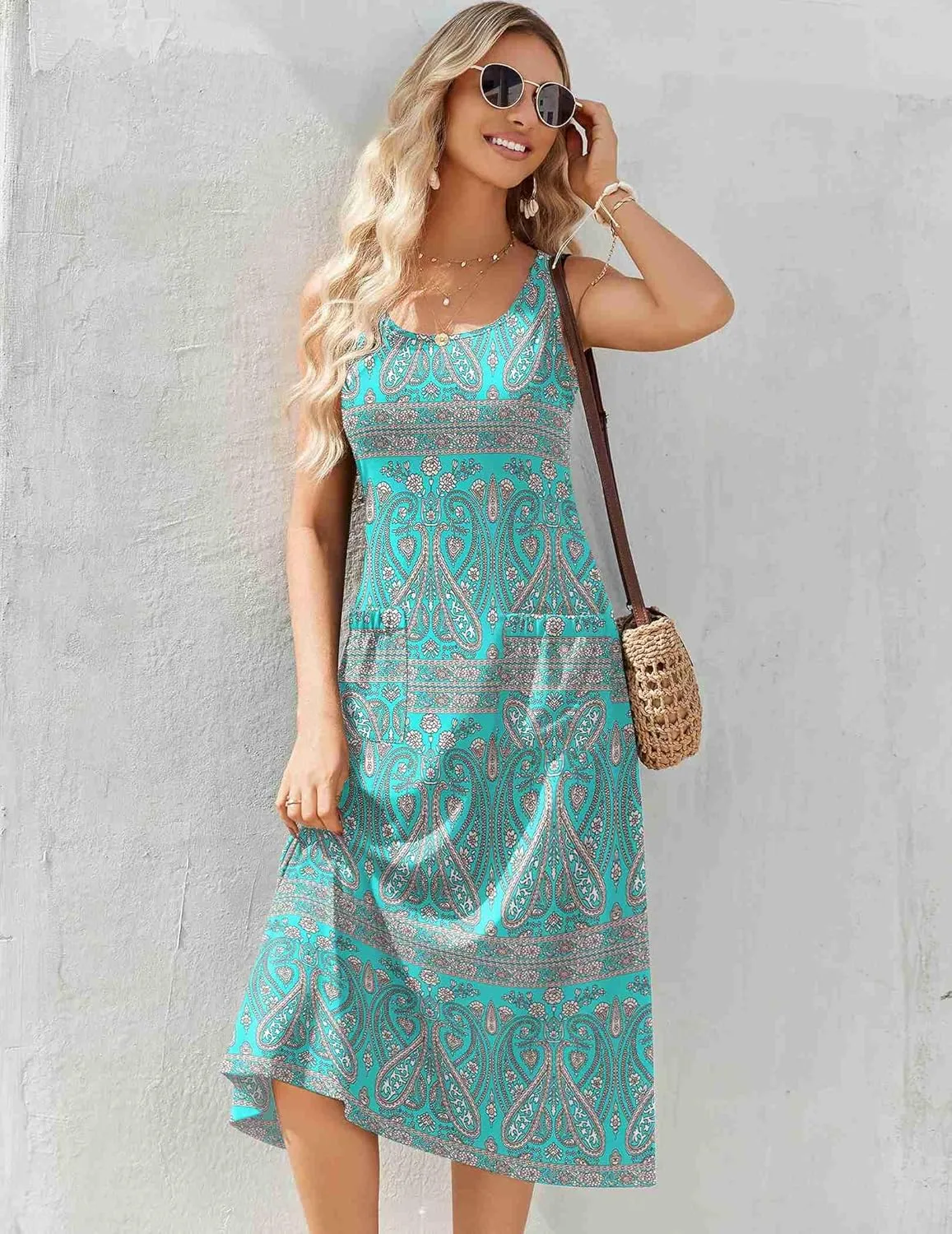 Zeagoo Women's Summer Sleeveless Dress Floral Beach Sundress Casual Crewneck High Waist A-Line Midi Tank Dresses with Pockets