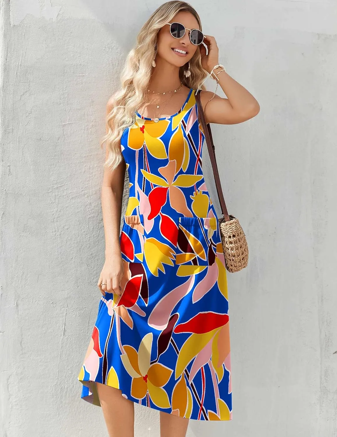 Zeagoo Women's Summer Sleeveless Dress Floral Beach Sundress Casual Crewneck High Waist A-Line Midi Tank Dresses with Pockets