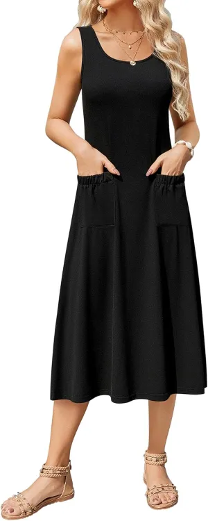 Zeagoo Women's Summer Sleeveless Dress Floral Beach Sundress Casual Crewneck High Waist A-Line Midi Tank Dresses with Pockets