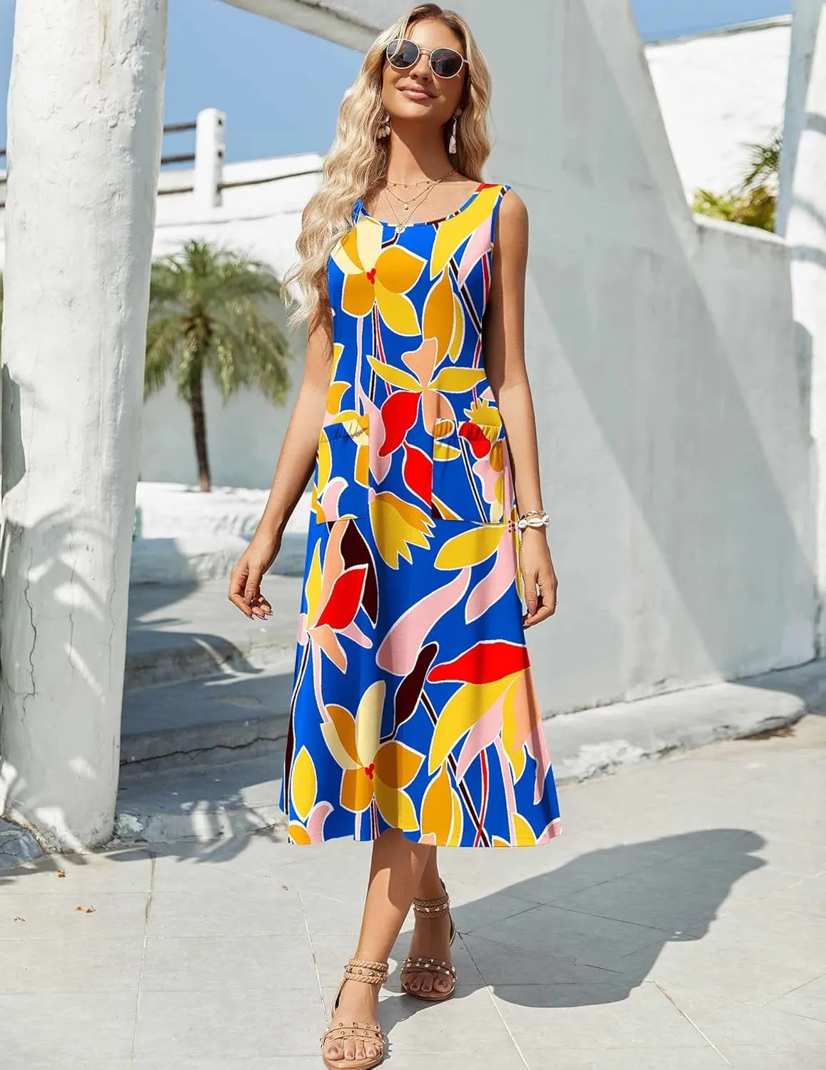 Zeagoo Women's Summer Sleeveless Dress Floral Beach Sundress Casual Crewneck High Waist A-Line Midi Tank Dresses with Pockets