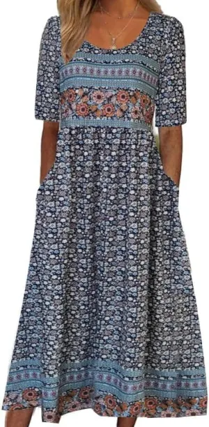 ZOCANIA Womens Peasant Dress Boho Ethnic Floral Print Maxi Dress Summer Casual Loose Fit Mexico Flowy Dresse with Pockets
